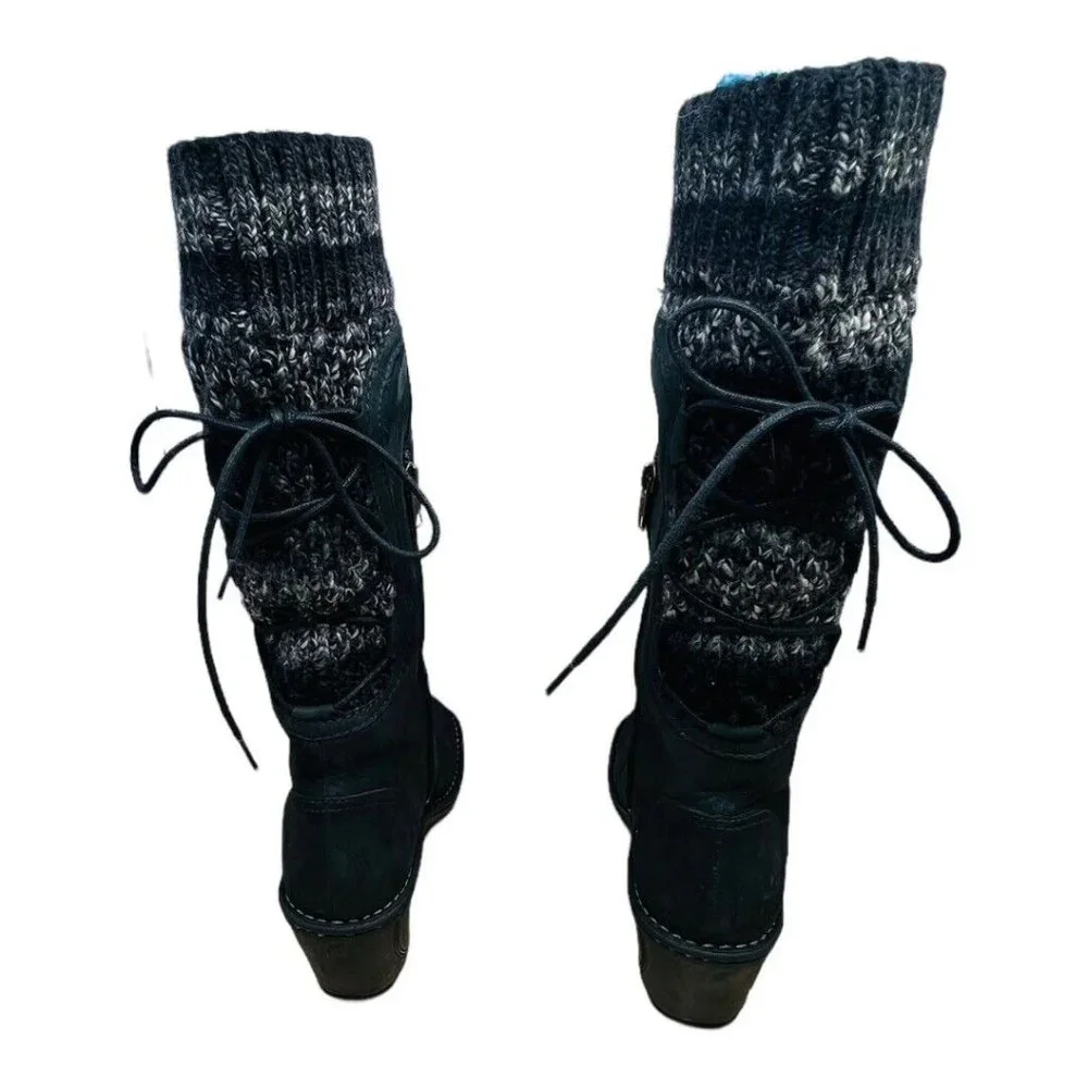 UGG Australia Skylar Wedge Boots Black Leather & Knit Lace/Zip Up Sz 9 2.5" Heel - Picture 2 of 10